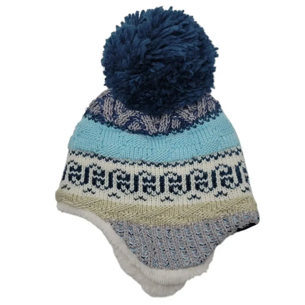 The North Face Baby Fairisle Ear Flap Beanie Hat 0-6 Months Pom Cap‎ Winter NWOT